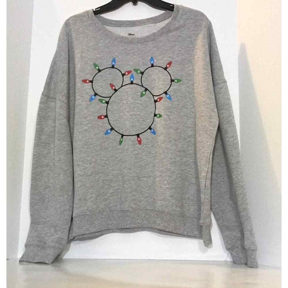 Disney Women's Medium Sweatshirt Crew Neck Gray Christmas Lights Mickey Minnie